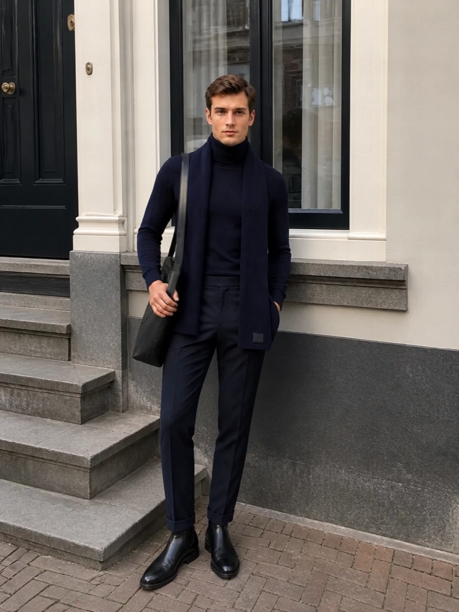 Balmain navy turtleneck tailored trousers outfit