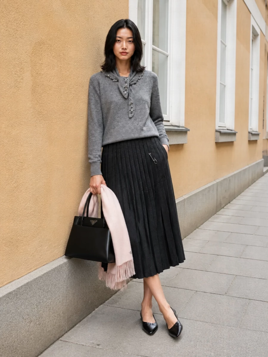 Prada grey embellished sweater charcoal midi skirt