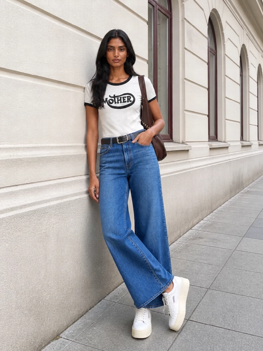 Mother wide leg jeans ringer tee autry sneakers