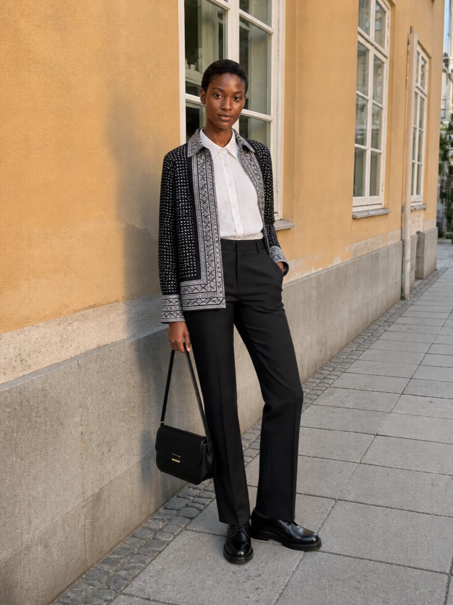 I am building around the patterned Ermanno Scervino shirt jacket with a sharp tailoring story rather than pairing it with a dress, so I skip the dresses and lean into modern suiting. The cropped tuxedo shirt and long black trousers create a strong vertical line and a clean black-and-white palette, allowing the bandana print to read refined rather than bohemian. Black derbies and a structured Armani shoulder bag finish the outfit with understated authority that moves easily from daytime appointments to a smart dinner.