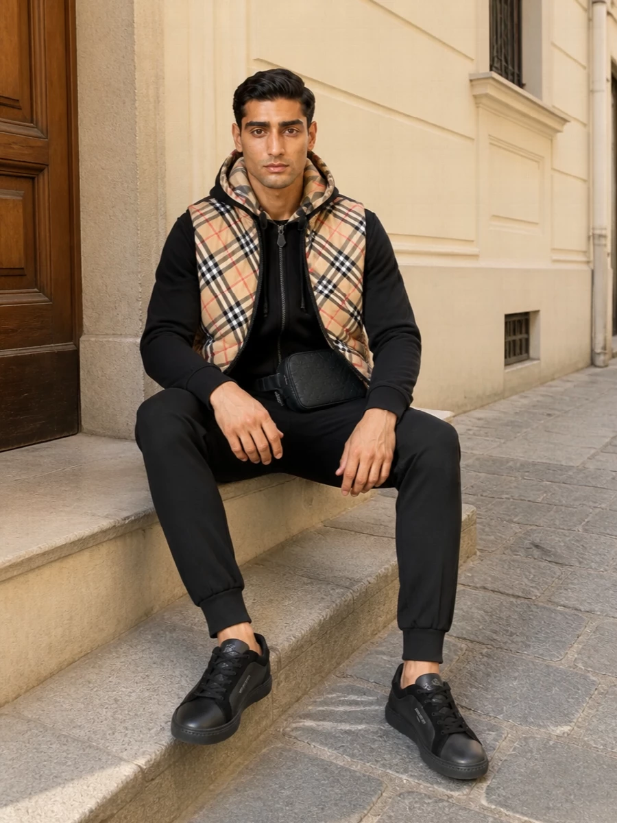 Burberry gilet joggers sneakers outfit