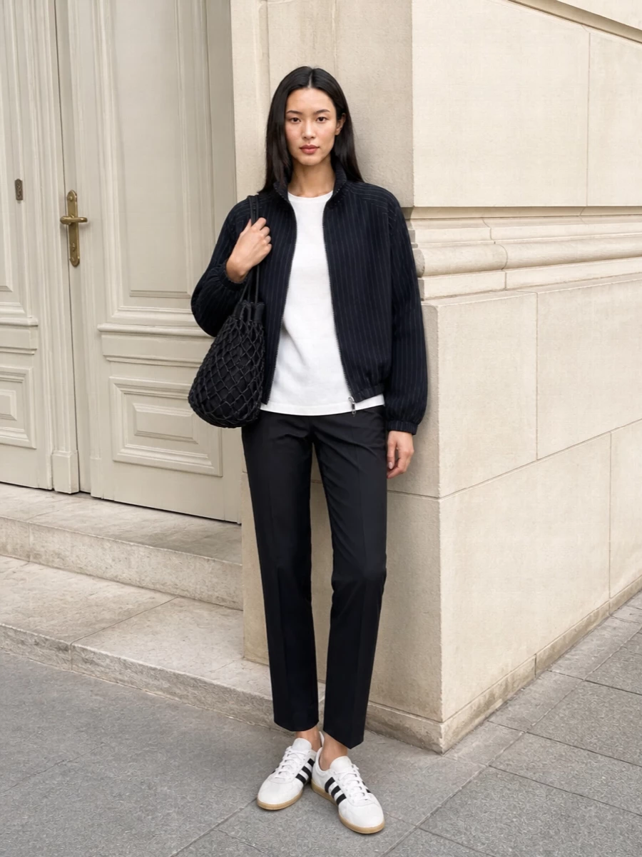 I am keeping this on the top-and-trouser route rather than a dress or jumpsuit, so the bomber can sit as the key outerwear layer over a clean, tailored base. The longline white tee and deep navy pleated trousers echo the jacket’s borrowed-from-the-boys ease while giving you a sharper line than matching stripes would. Retro gum-sole sneakers and a netted bucket bag finish it with a low-key street feel that still looks intentional for all-day city wear.