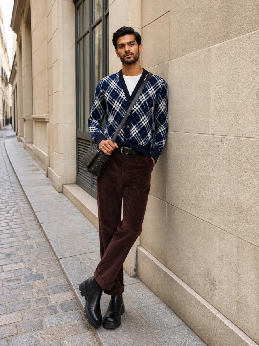Navy plaid cardigan corduroy trousers outfit