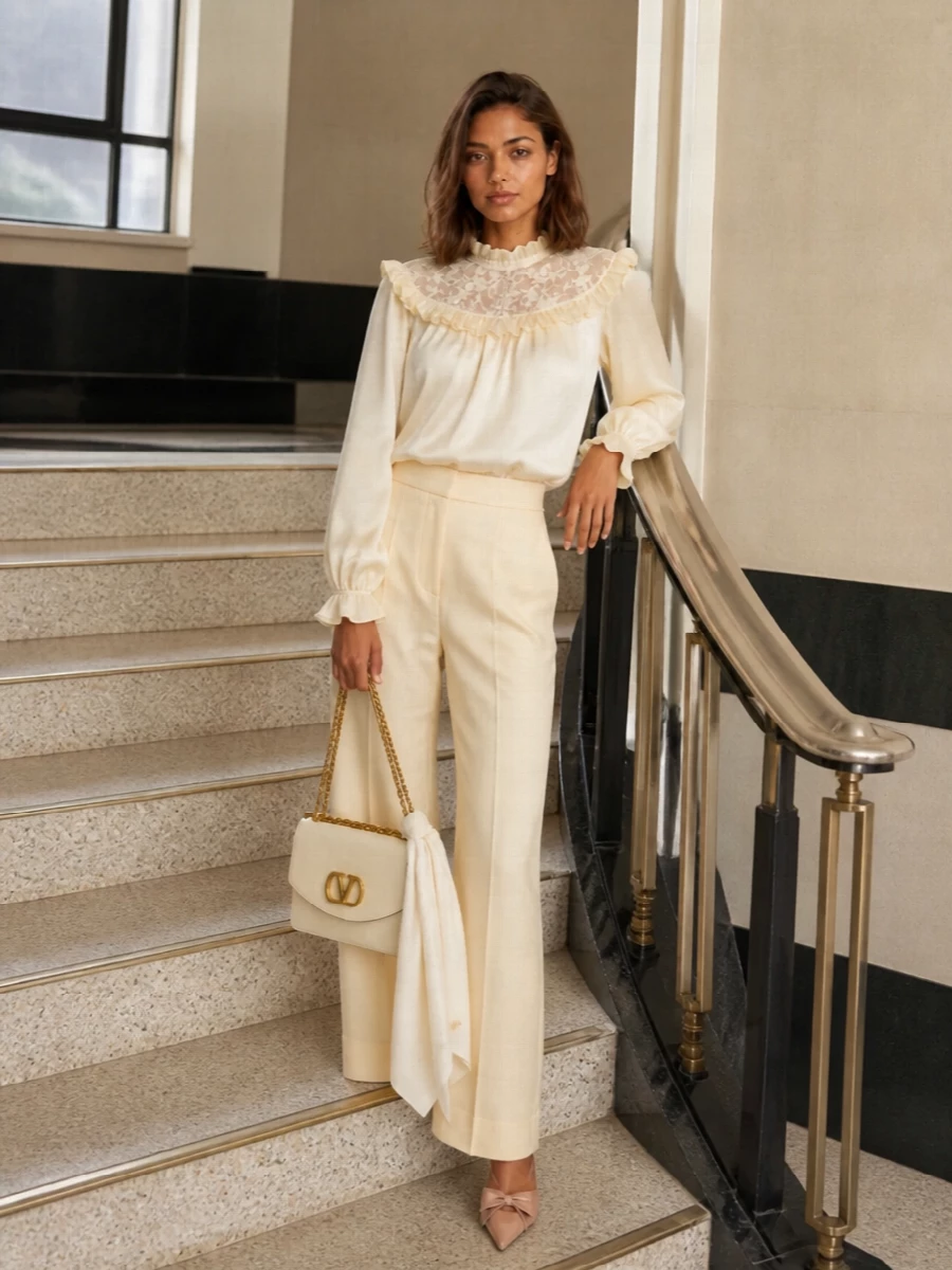 Buttercream tailoring frames the lace blouse in a soft, elongated column that feels romantic yet precise for dinners, gallery openings, or polished daytime events. Nude-blush slingbacks and a structured buttercream shoulder bag keep the palette whisper-light, letting texture, cut, and proportion quietly do the work.