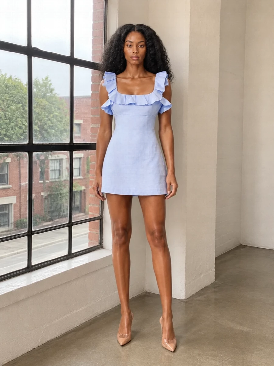 Periwinkle linen and blush accessories keep this garden-party mini feeling light, romantic and quietly polished. Transparent nude heels lengthen the leg without competing, while the slim blush baguette adds just enough structure for city cocktails after the sun sets.