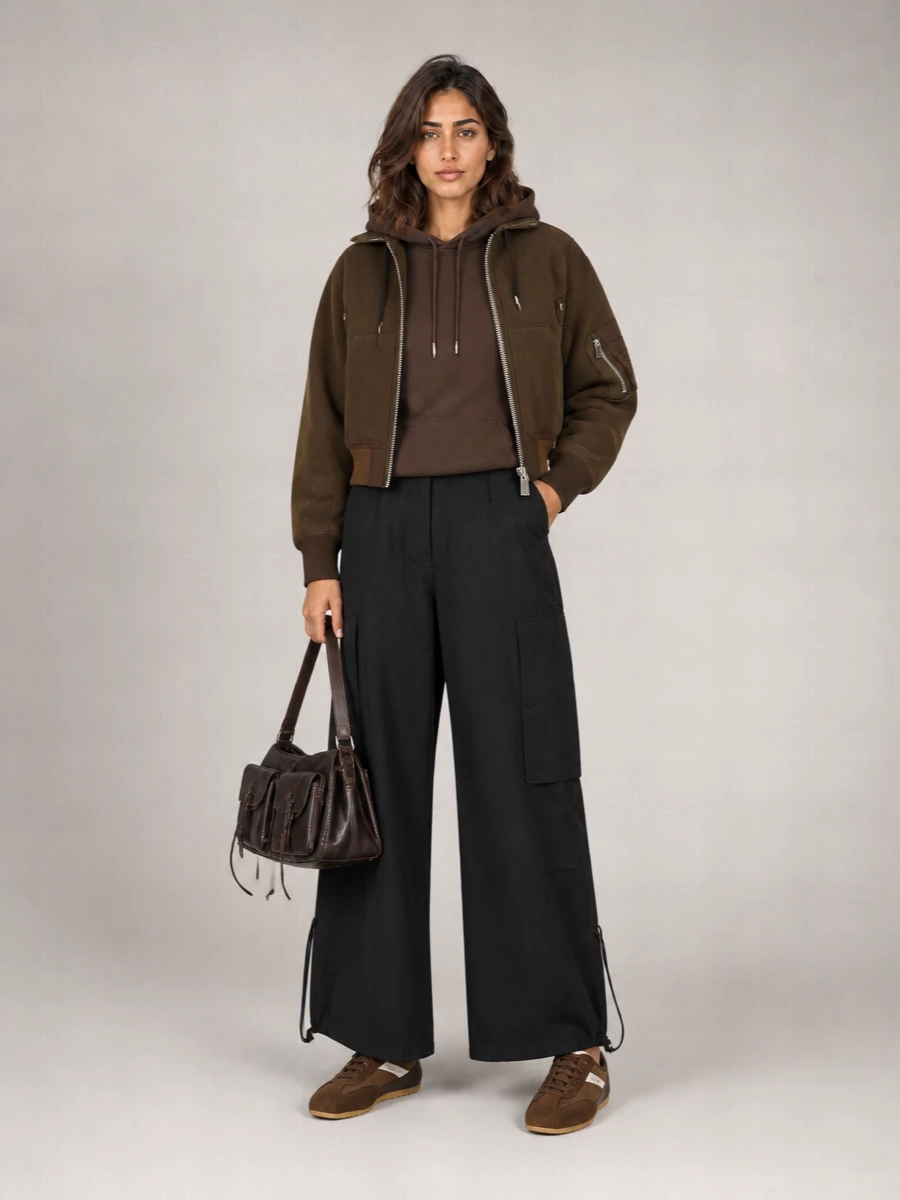 I’m building around the Sacai hybrid bomber with a classic top-and-cargo foundation rather than a dress so the utility detailing and cropped volume stay casual, graphic and true to its street DNA. The chocolate hoodie and espresso bag keep everything in a tight brown story against the black Palm Angels cargos, while the slim McQueen runners stop the wide leg from feeling heavy. It reads like city-ready tactical streetwear that is warm, directional and quietly considered in proportion and palette.