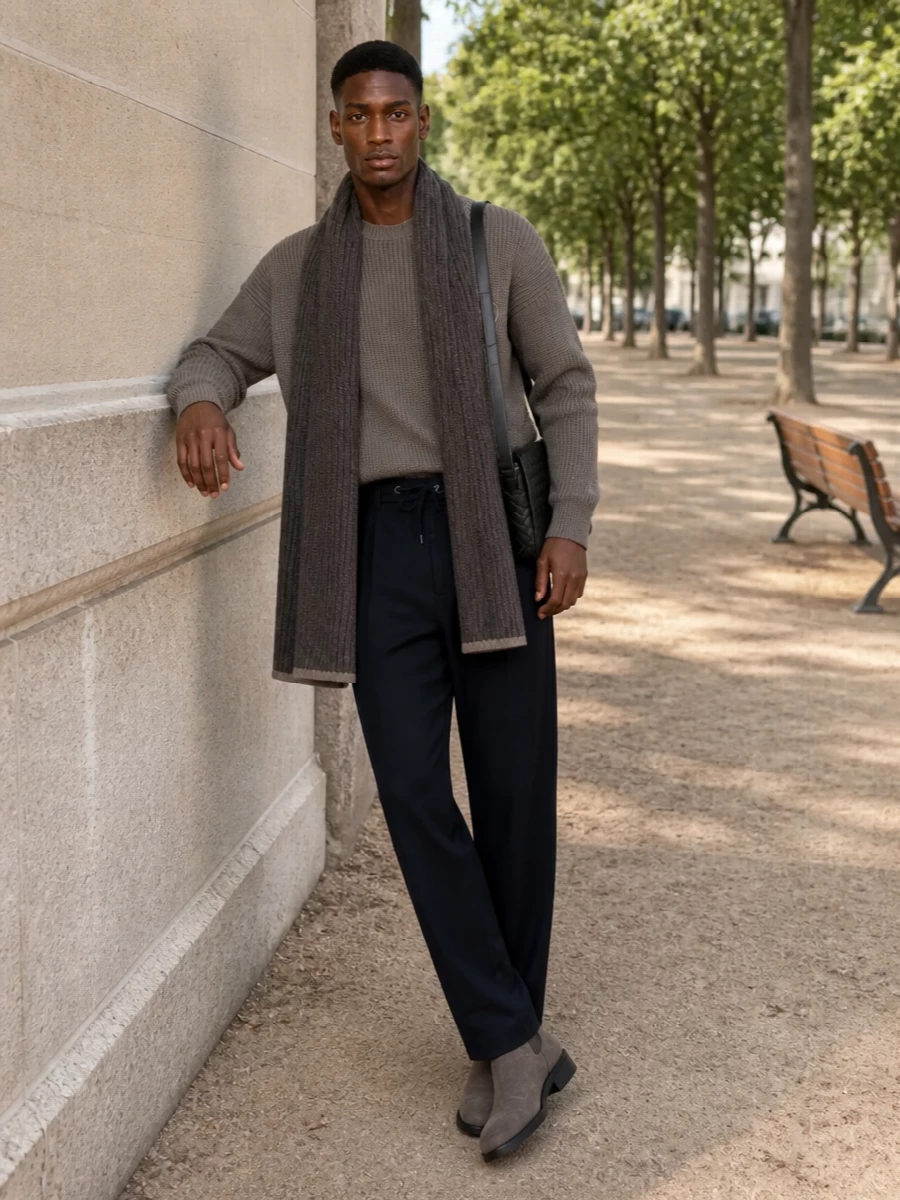 Giorgio armani knit navy trouser taupe boots