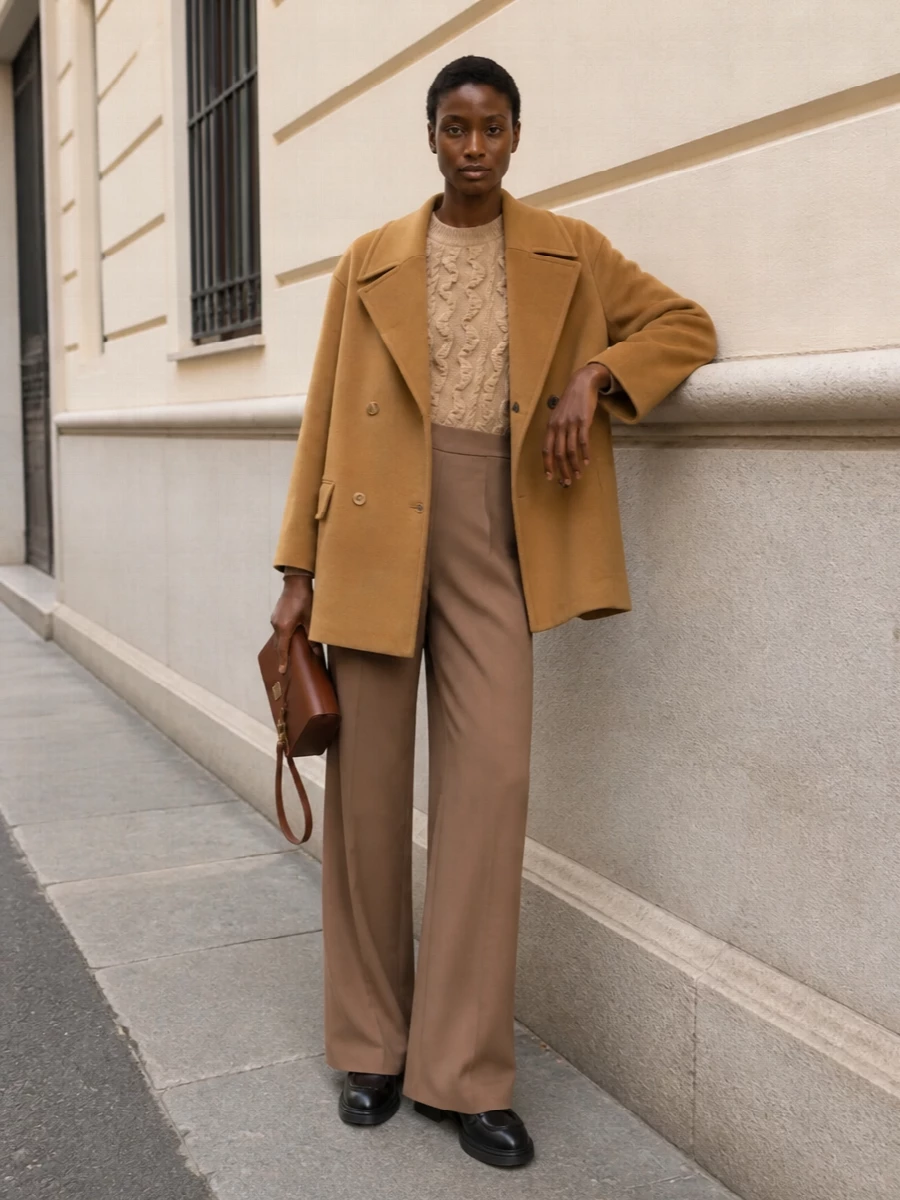 Moschino camel coat wide leg trousers outfit