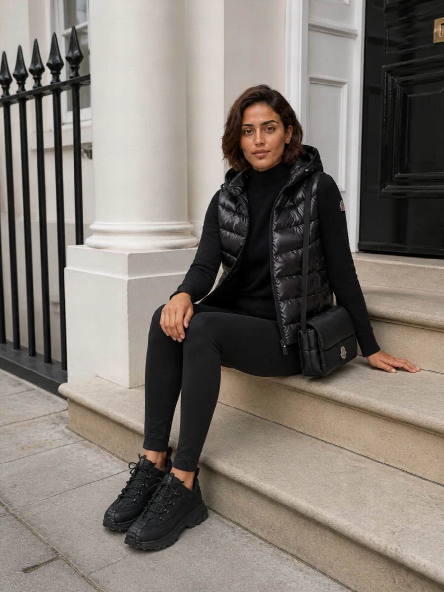 Moncler black puffer jacket leggings sneakers