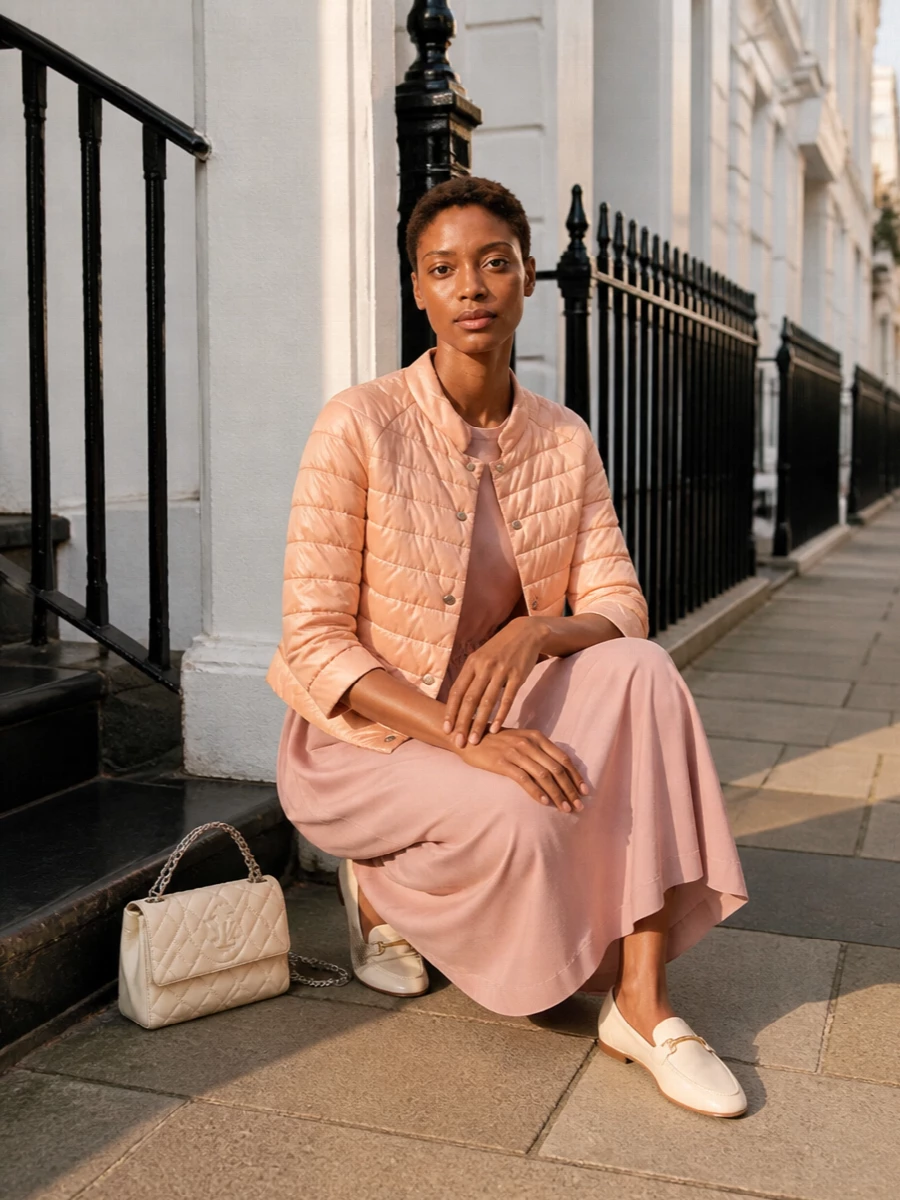 Herno blush jacket dusty rose midi dress outfit