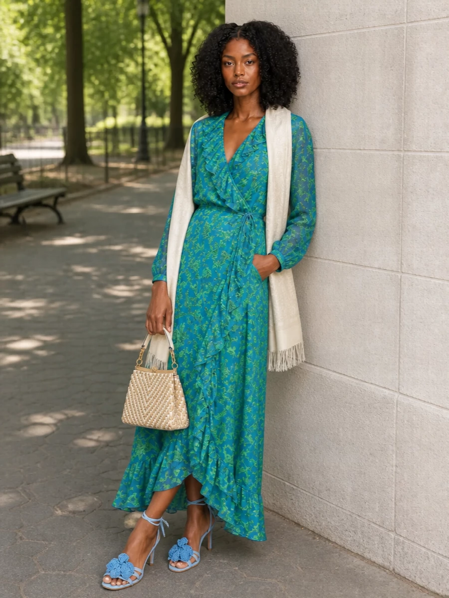 A vivid turquoise and green wrap maxi meets sky-blue stiletto sandals for a romantic, movement-filled silhouette that feels perfect for garden weddings or balmy evening parties. A neutral woven top-handle bag and soft ivory stole keep the focus on the dress while adding just enough polish to carry you from ceremony to cocktails.