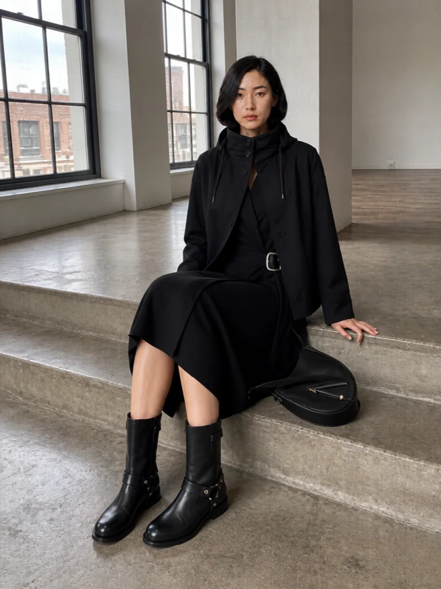 Loewe black wrap dress with harness boots