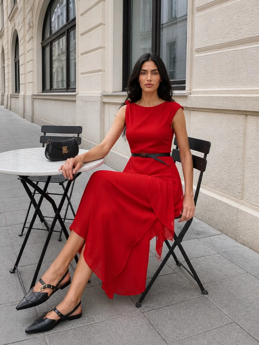 A bright red asymmetric dress stays front and center, grounded by sharp black slingback flats and a compact black shoulder bag with a subtle gold clasp. The slim leather belt adds just enough structure at the waist to highlight the layered skirt’s movement without interrupting the clean, romantic line.