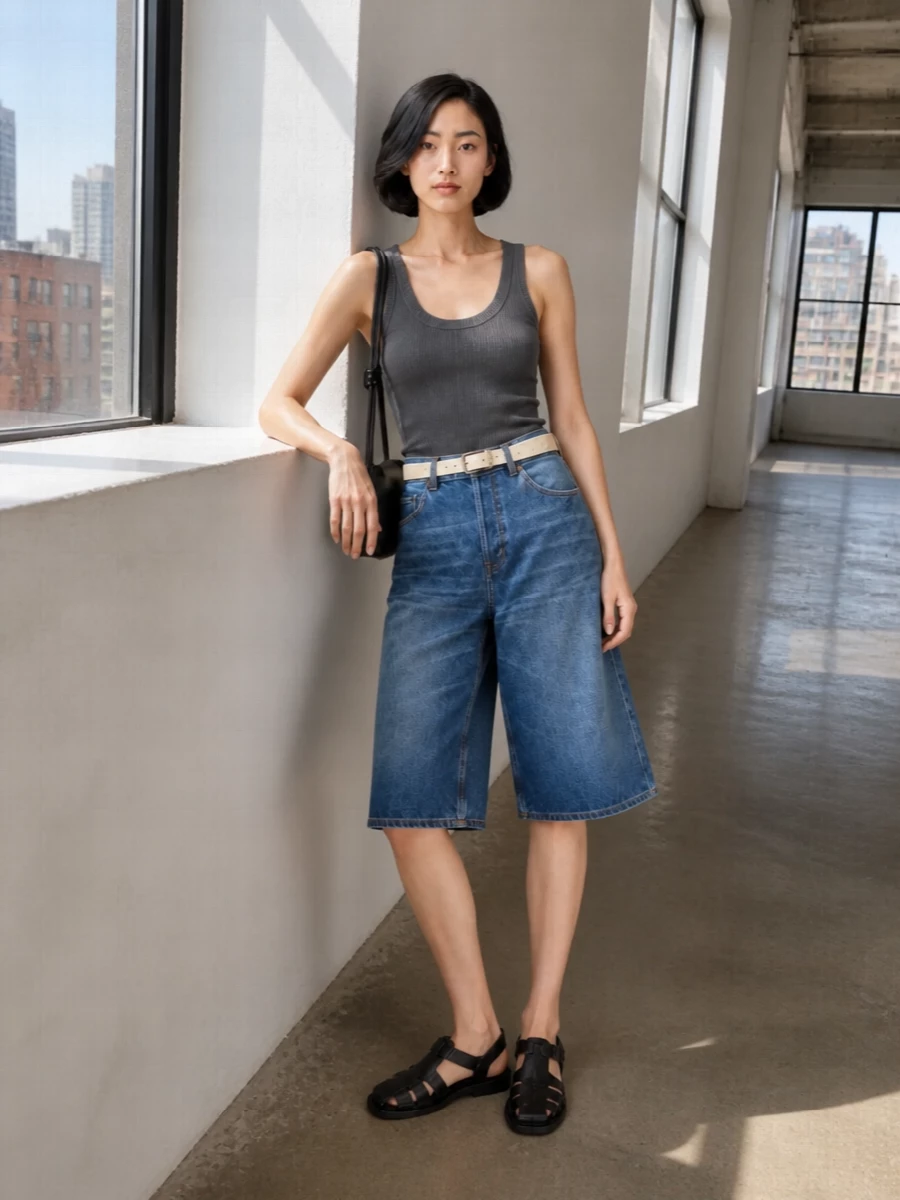 Haikure denim bermuda ribbed tank hereu sandals