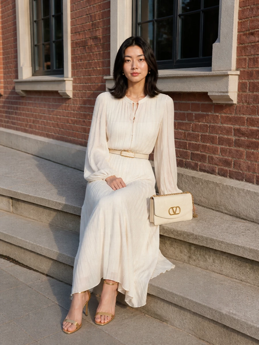 Tom ford ivory pleated maxi dress gold heels