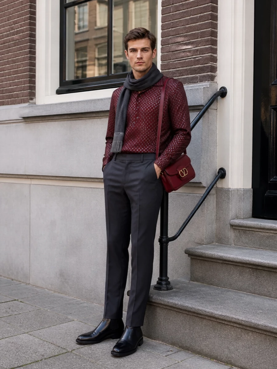 Maison margiela burgundy shirt charcoal trousers