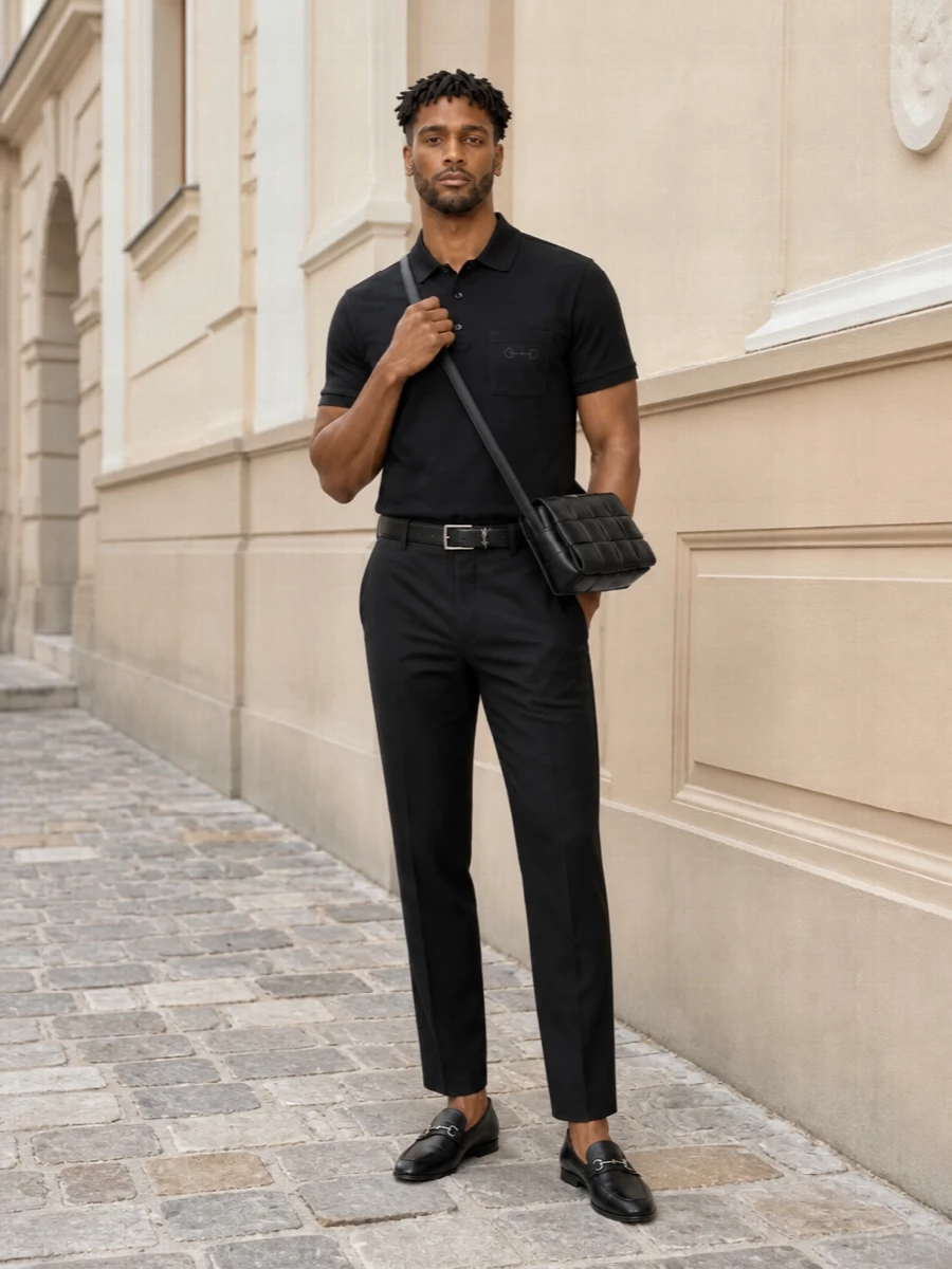 This look leans into a disciplined monochrome story: the black Gucci polo and matching straight-leg trouser create a clean, elongated line that feels modern, precise and quietly luxurious. Sleek horsebit loafers keep everything firmly in the tailored realm, while the intrecciato crossbody and slim belt add just enough texture and metal to signal refinement without breaking the minimalist mood. It’s a polished SS uniform that moves effortlessly from daytime city dressing to low-key evening plans.