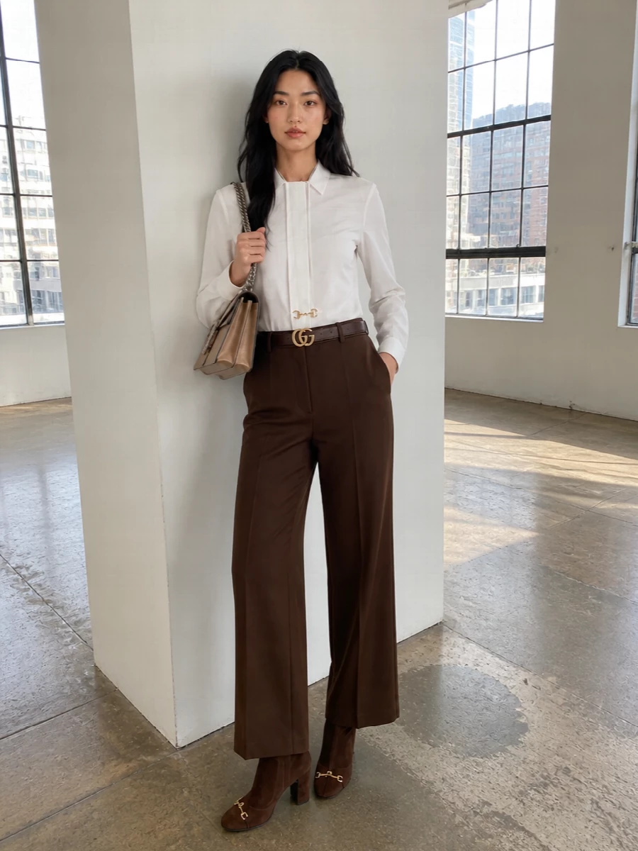 Gucci brown wide leg trousers white shirt outfit