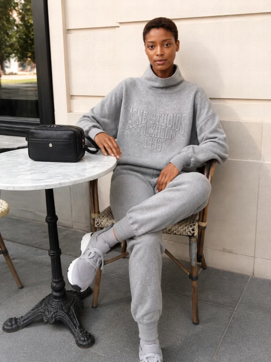 Acne grey sweatshirt prada knit joggers outfit