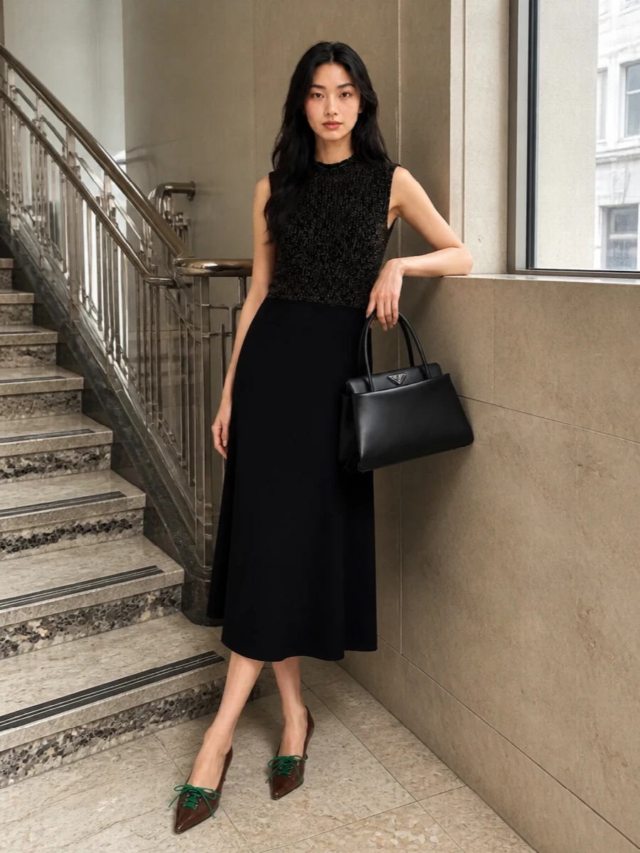 Prada black sequin midi dress kitten heel pumps