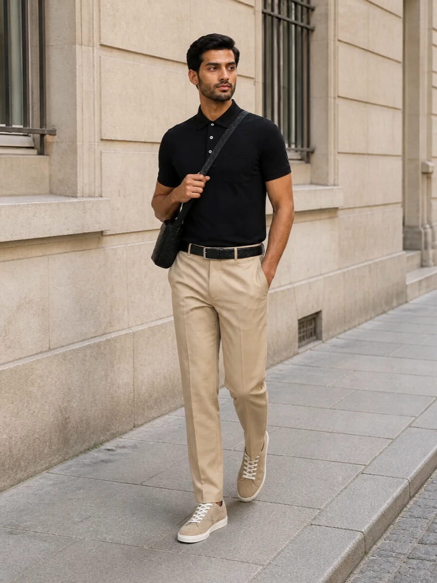 This look frames the black Zegna polo with camel-beige tailored trousers for a clean, modern contrast that still feels soft and understated. Taupe suede low-top sneakers keep the line relaxed but refined, while a black intrecciato crossbody and matching leather belt add just enough texture and polish without disturbing the minimalist, quiet-luxury palette.