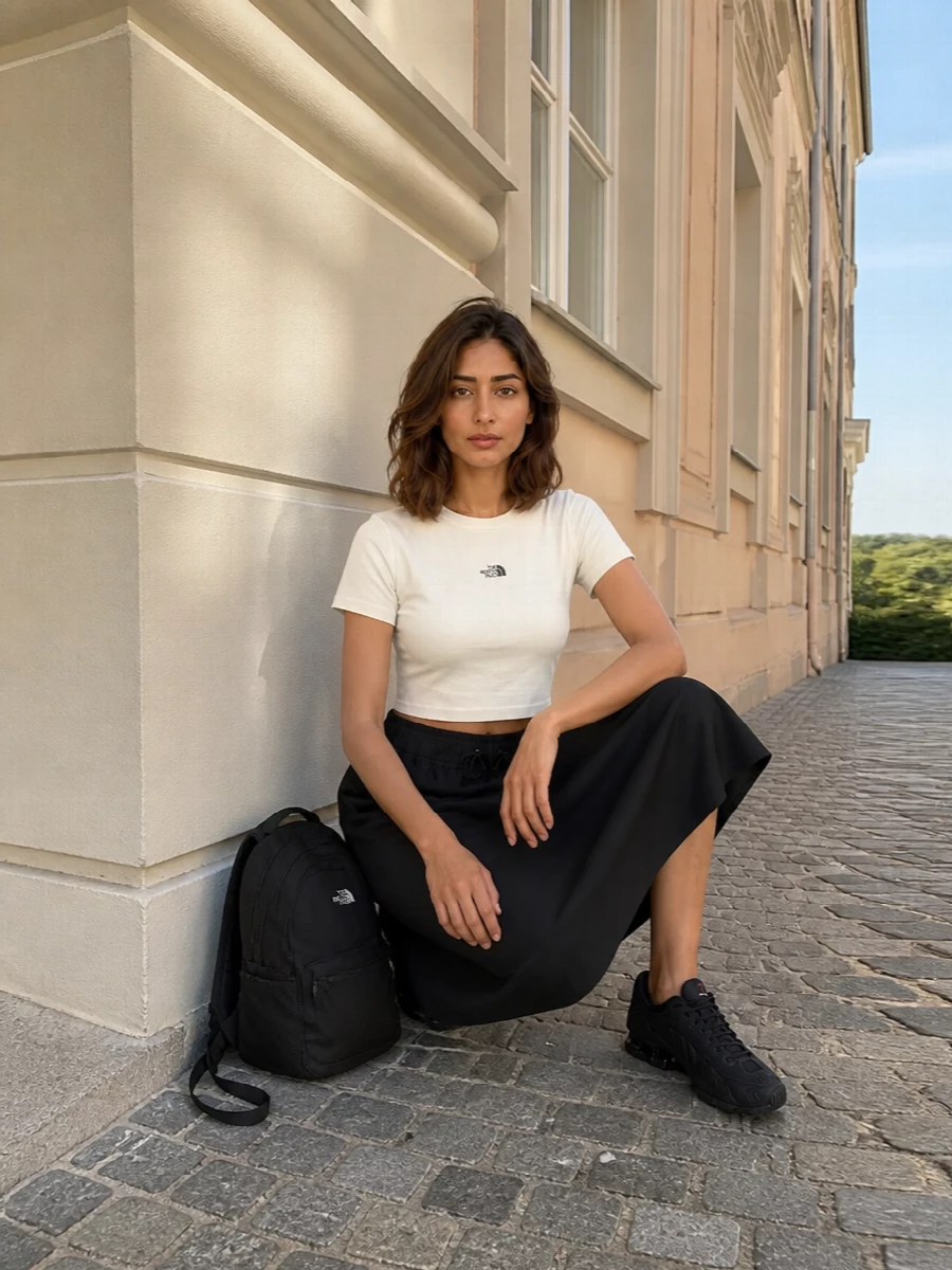 A cropped technical tee paired with the A-line midi skirt keeps the proportions sharp and easy, showing just enough waist while staying practical. Monochrome runners and a compact backpack reinforce the sport-utility mood, ready for long city days and travel. The result feels streamlined and intentional, with every piece speaking the same quiet, technical language.