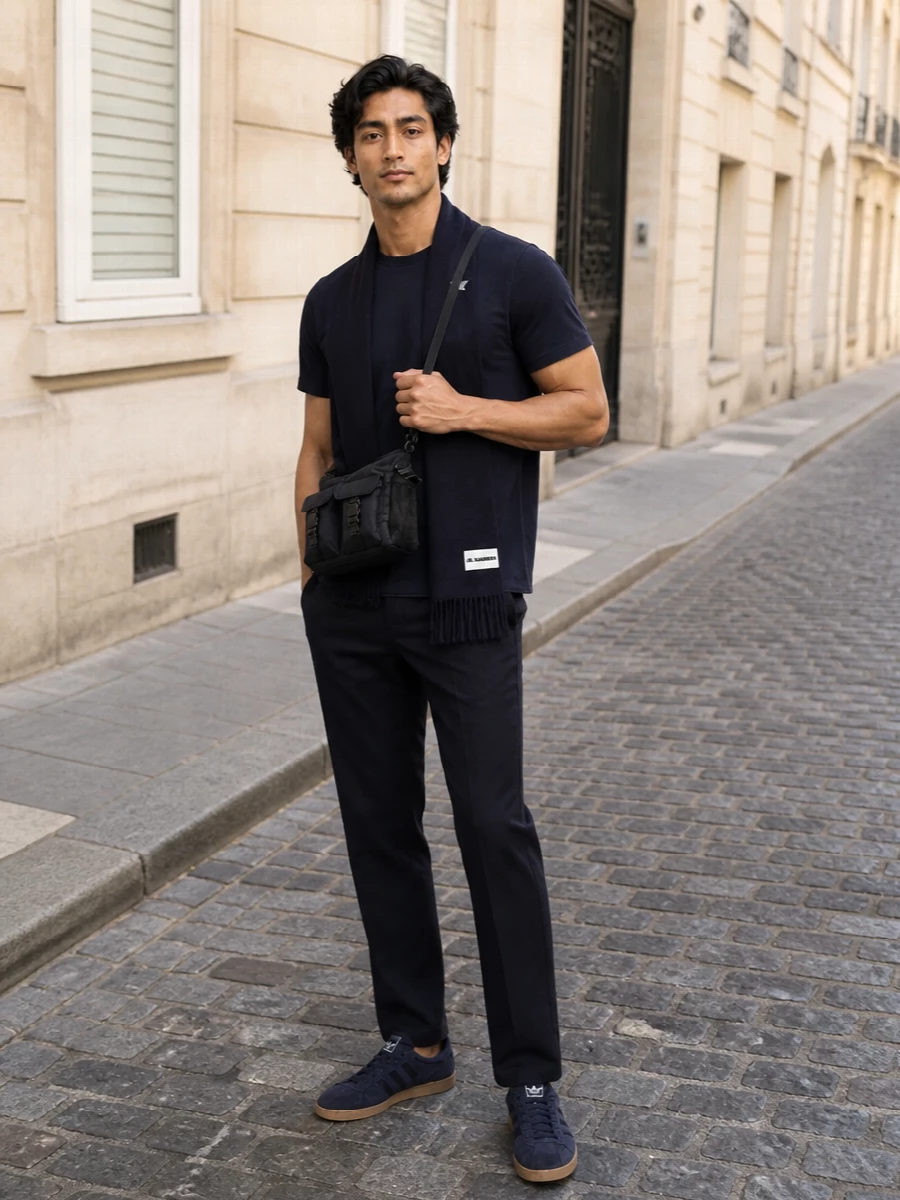 Apc navy trousers adidas sneakers outfit