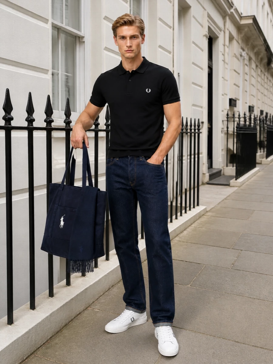 A black Fred Perry polo meets dark indigo straight-leg denim for a clean, heritage-influenced take on smart casual. Crisp white court sneakers keep the energy rooted in sport while staying minimal, and a navy Ralph Lauren tote with a tonal scarf adds just enough collegiate polish for city days or relaxed evenings. The result is an easy, balanced outfit that feels intentional without being fussy.