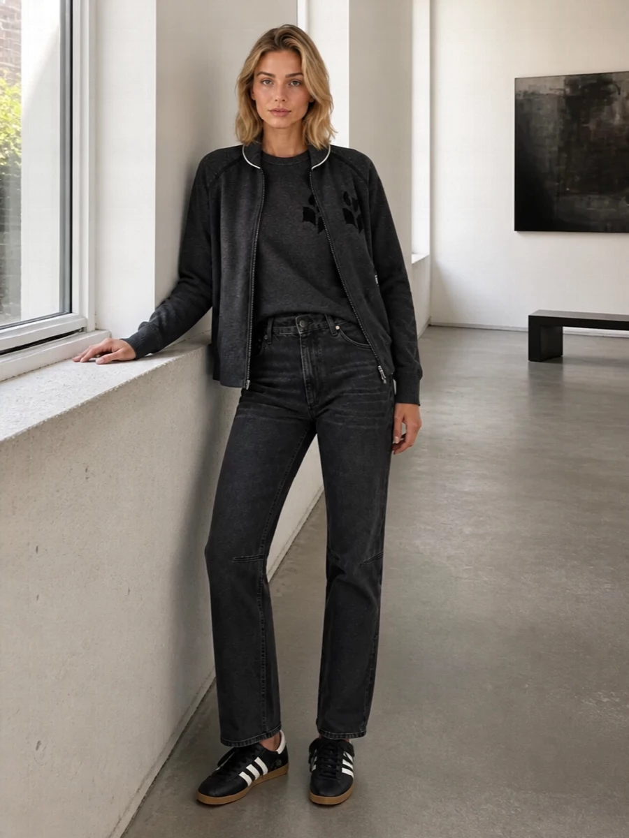 Isabel marant charcoal jacket jeans outfit