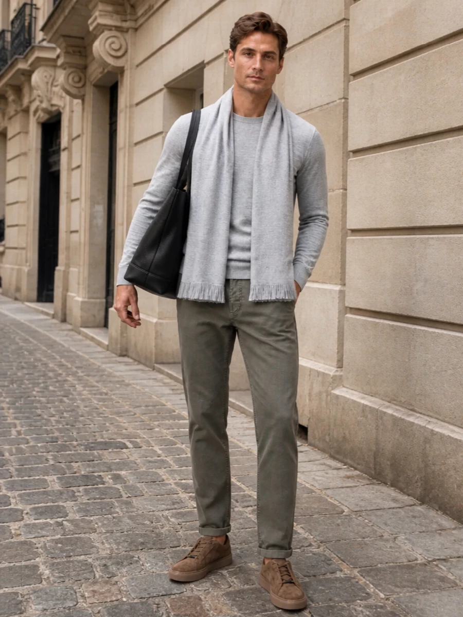 Brunello grey denim boss sneakers outfit