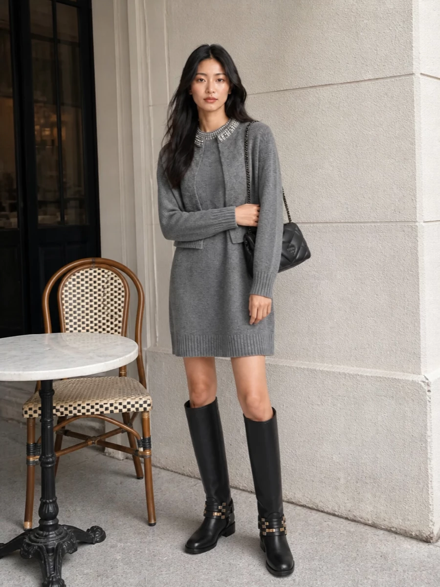 Pinko grey crystal sweater dress with boots