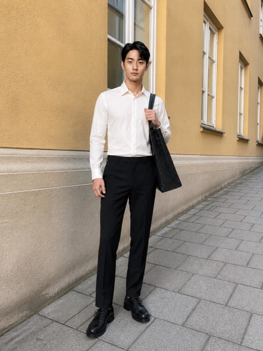 A crisp off-white shirt sits against slim black tailoring for a monochrome palette that feels calm, precise and quietly assured. The Kiko derbies and Valentino tote echo the Margiela cardholder’s discreet texture and polish, giving a city-ready uniform that reads designer only up close. It is a modern business casual combination that moves easily from daytime meetings to low-key dinners without changing a piece.