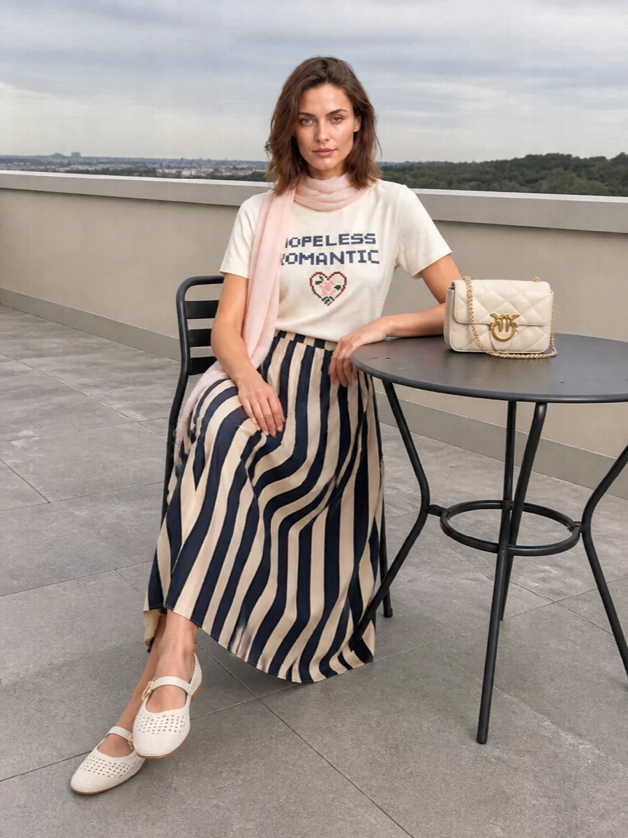 Weekend max mara romantic tee striped midi skirt