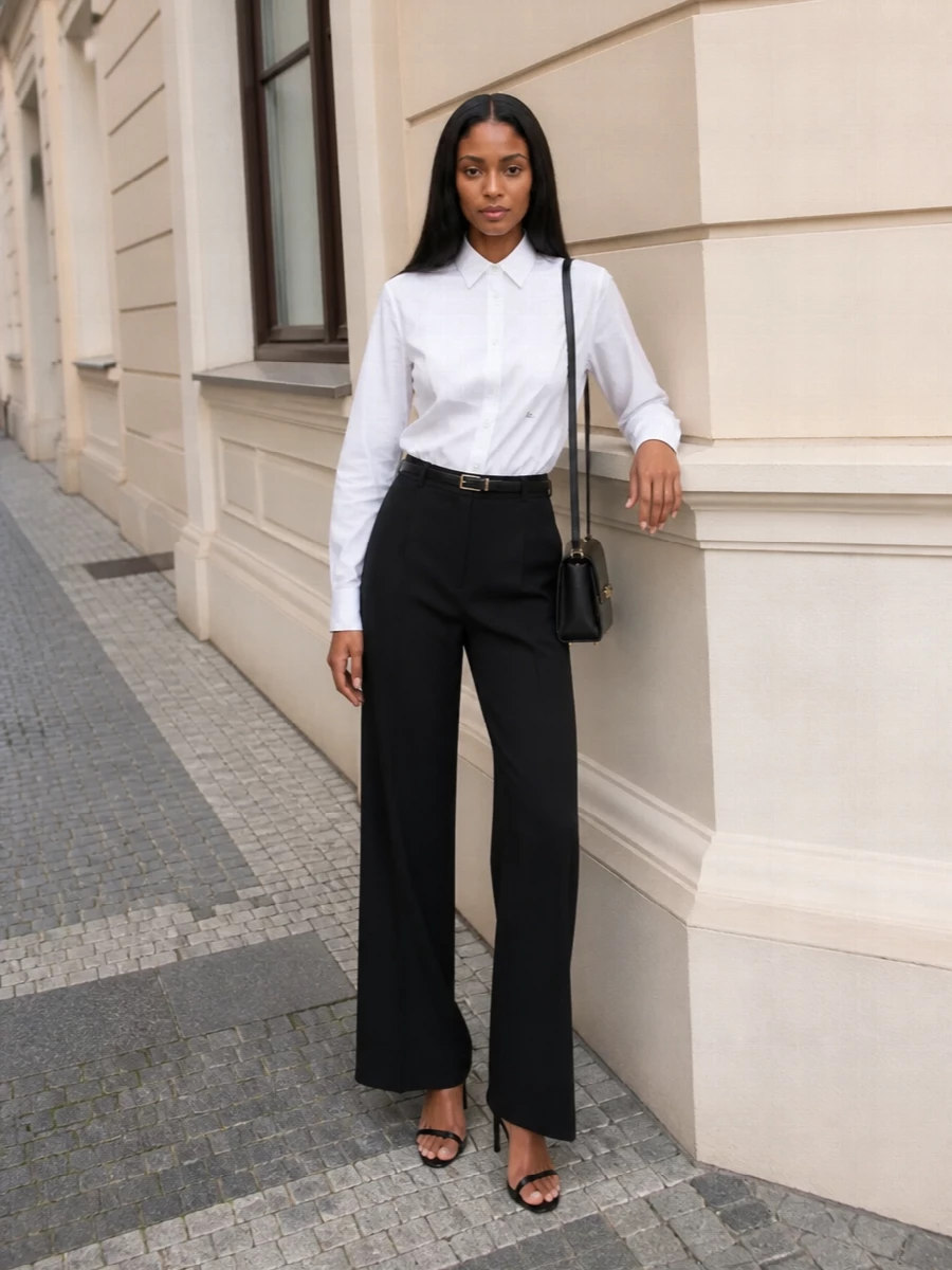 Dolce gabbana tux shirt black wide leg pants outfit