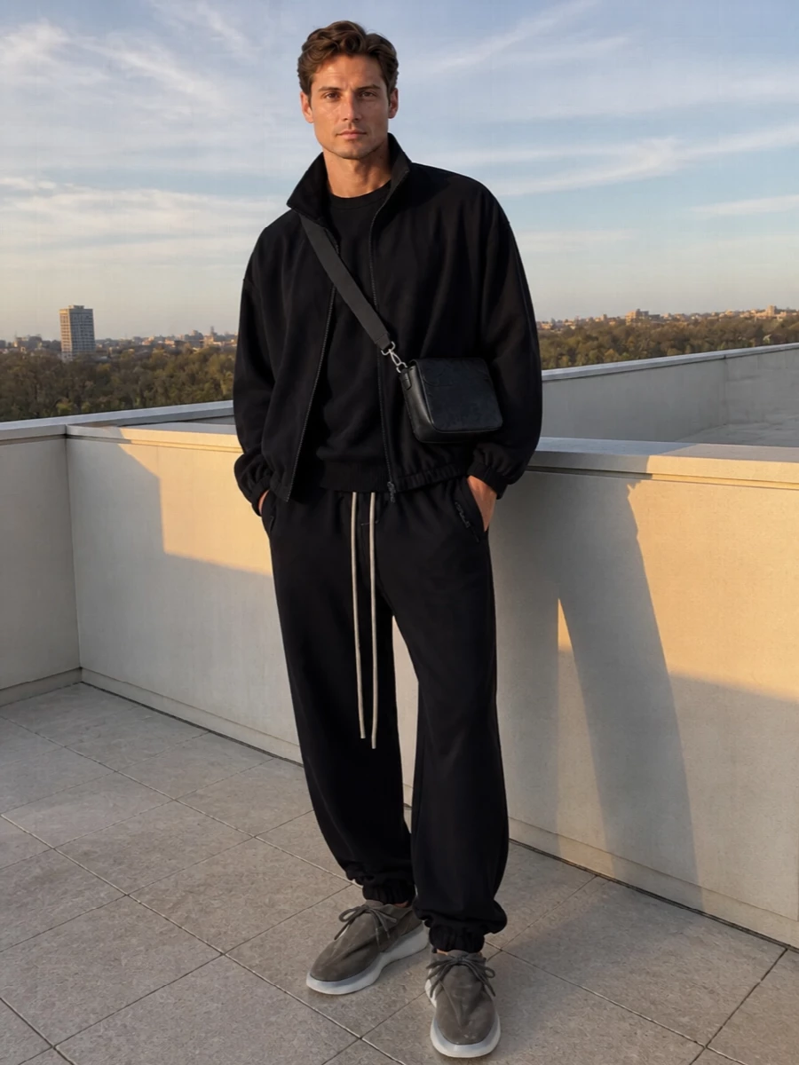Fear of god black track pant knit sneaker outfit