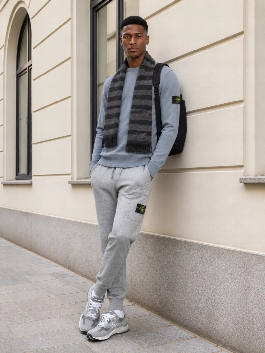 Stone island grey knit joggers new balance sneakers
