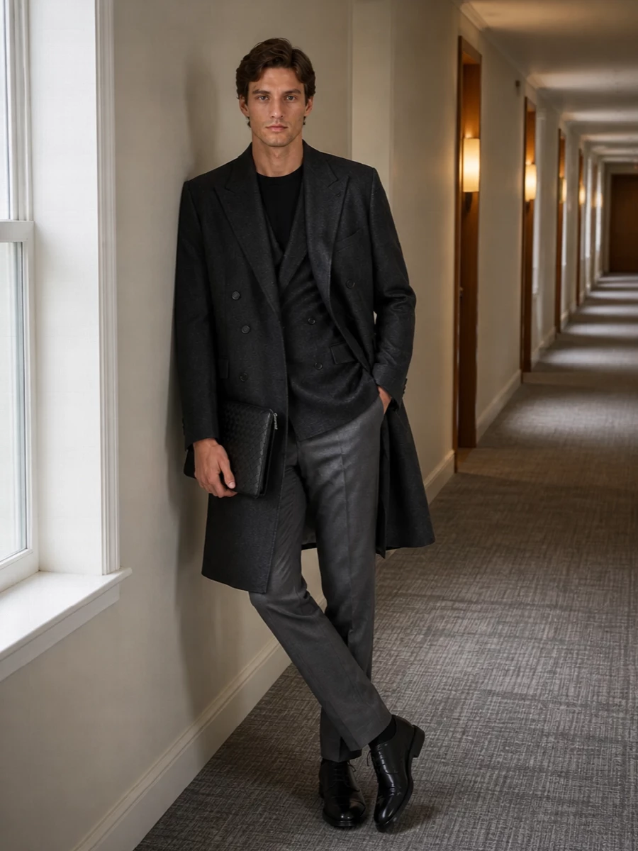 Tagliatore charcoal suit bottega veneta bag