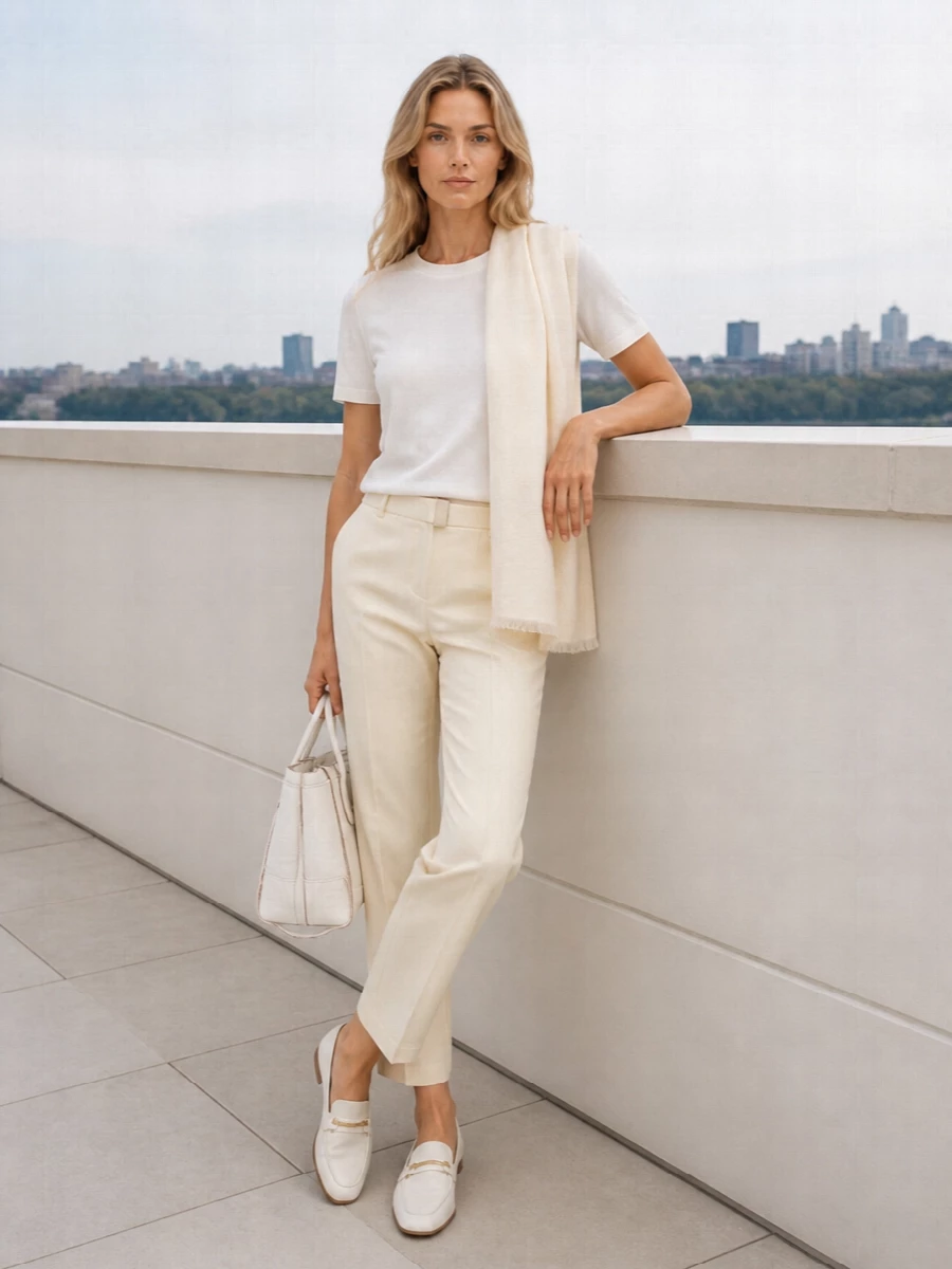 Soft white and buttercream neutrals create a calm column of color, letting clean lines and fabric quality carry the outfit. The straight trouser sharpens the tee just enough, while the ivory loafer and structured tote keep everything quietly polished for city days. A gauzy neutral scarf adds a final hint of texture and warmth without disturbing the minimalist mood.