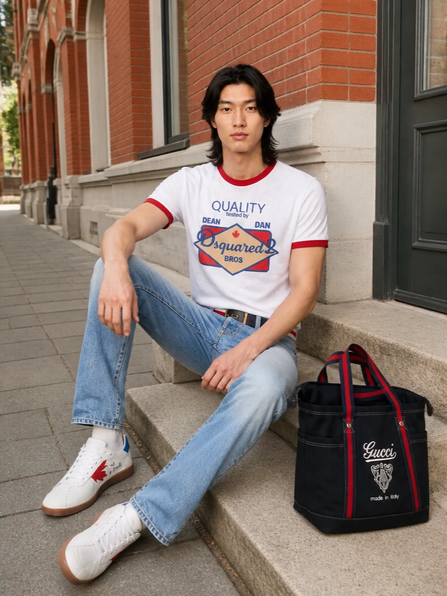Dsquared2 varsity tshirt light wash jeans outfit