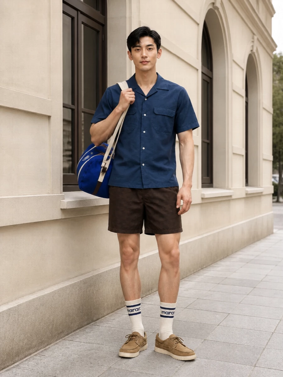 Beams plus swim shorts navy shirt suede boat shoes