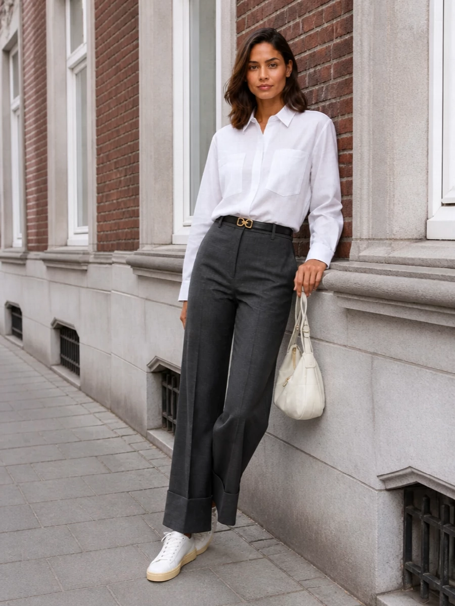 A crisp white longline shirt and charcoal cuffed trouser create a clean, architectural column that feels quietly confident for city days. White leather sneakers and an off-white sculptural bag keep the palette soft and modern. A slim black-and-ivory belt adds just enough definition without disturbing the minimalism.