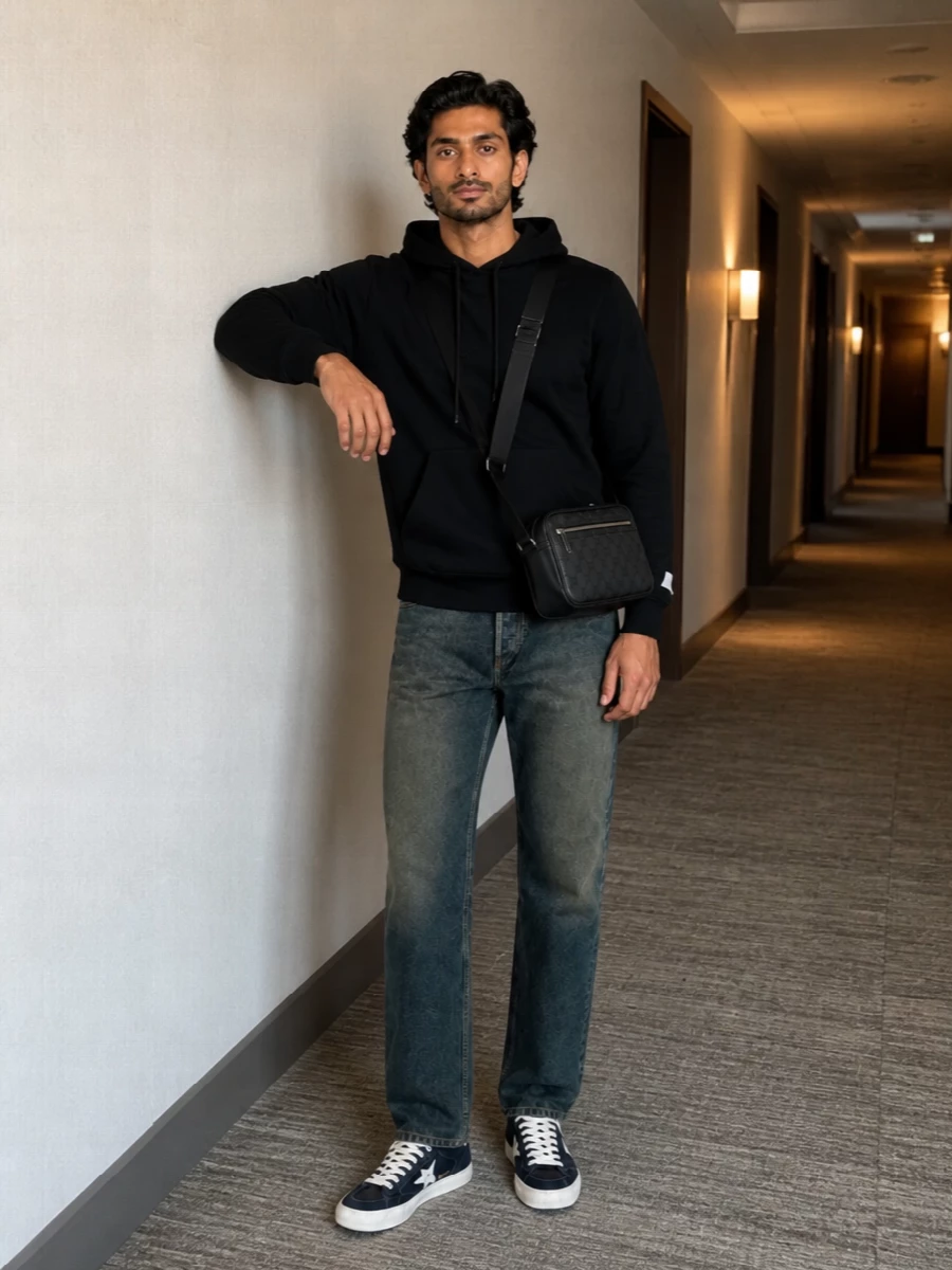 Golden goose sneakers black hoodie dark jeans