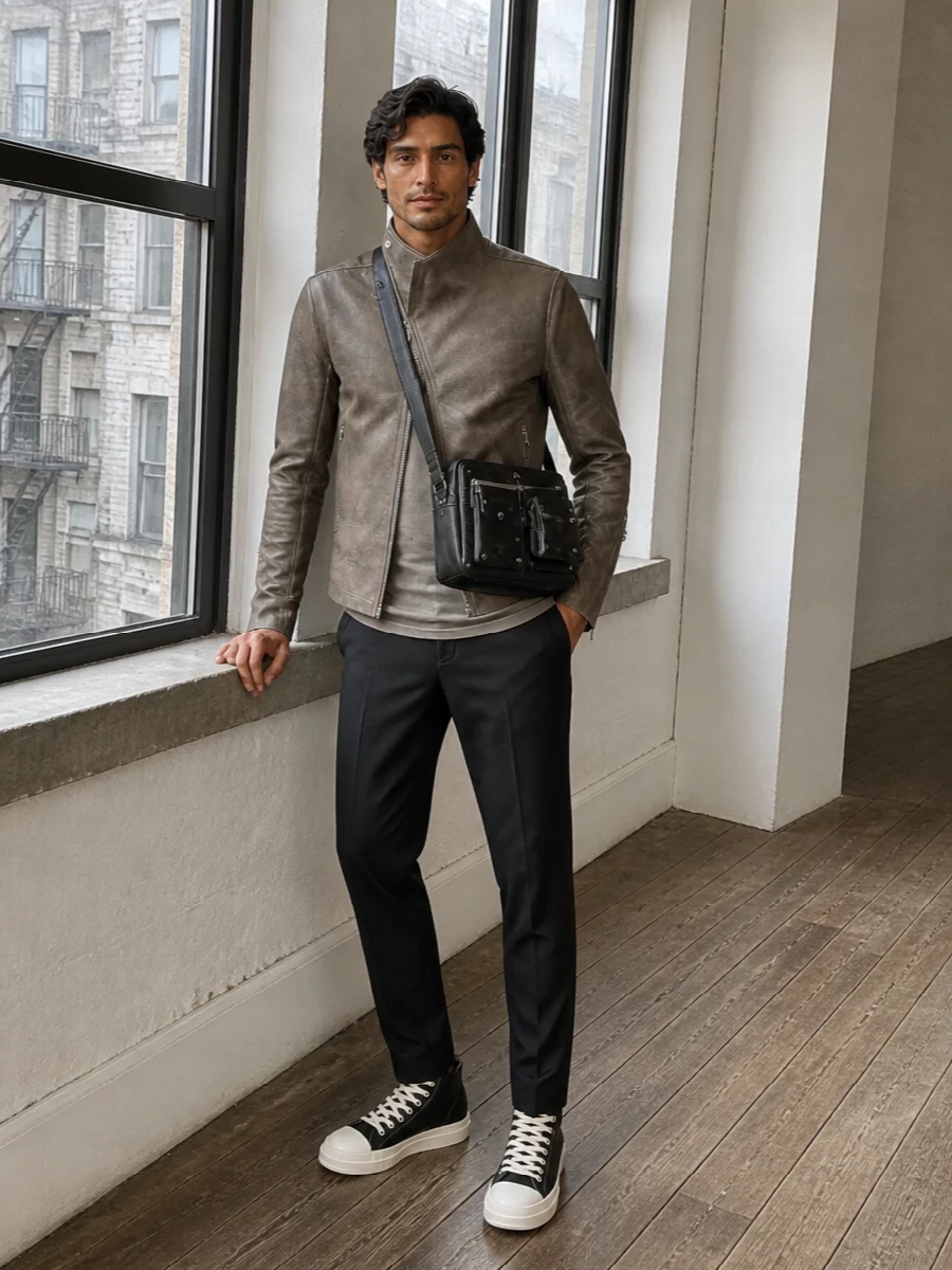 Rick owens leather jacket black trousers outfit