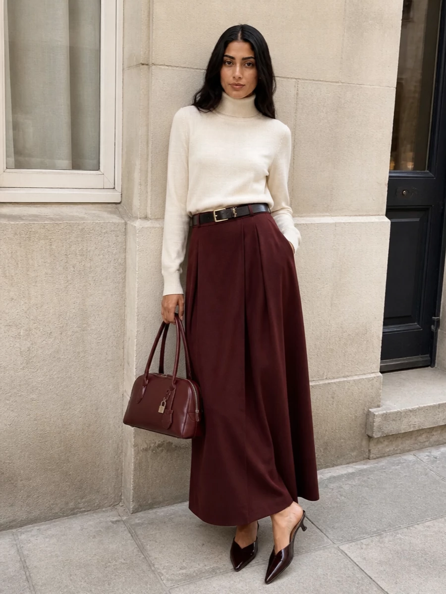 A deep wine Max Mara maxi skirt is elevated with an ivory mock‑neck knit, creating a softly architectural FW silhouette in rich yet understated tones. Dark chocolate patent kitten-heel mules extend the line with effortless polish, while the structured oxblood bowler and a slim black belt keep the look sharply tailored but quietly luxurious for evening or refined city dinners.
