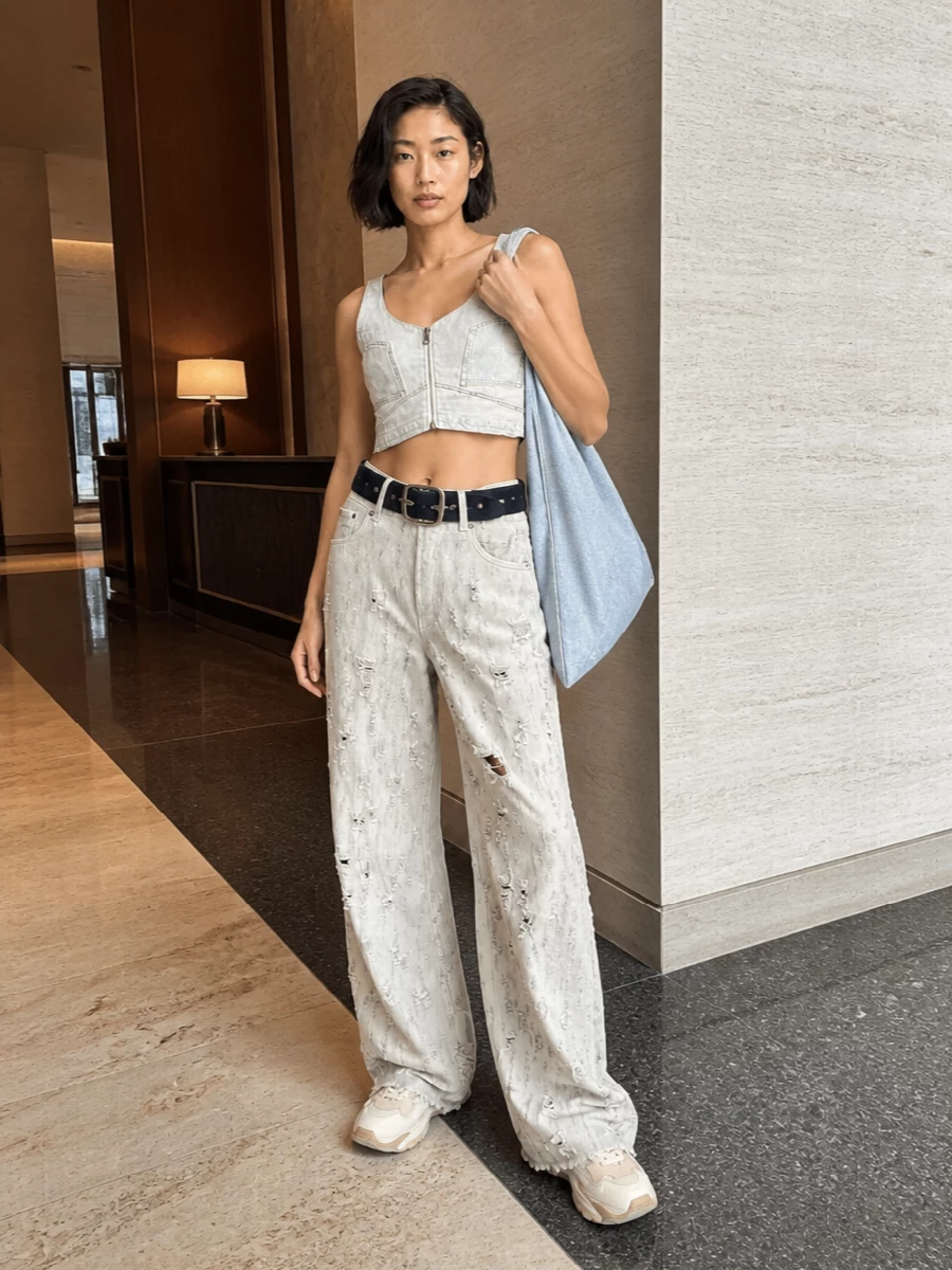 Stone-washed, deconstructed denim goes modern with a cropped, body-hugging vest over the slouch of wide-leg Haikure jeans. Neutral chunky sneakers and a sculpting indigo belt keep the proportions intentional rather than undone, while the soft denim tote leans into the texture story without adding weight. It is an easy city uniform for days when you want your denim to feel engineered and directional instead of basic.