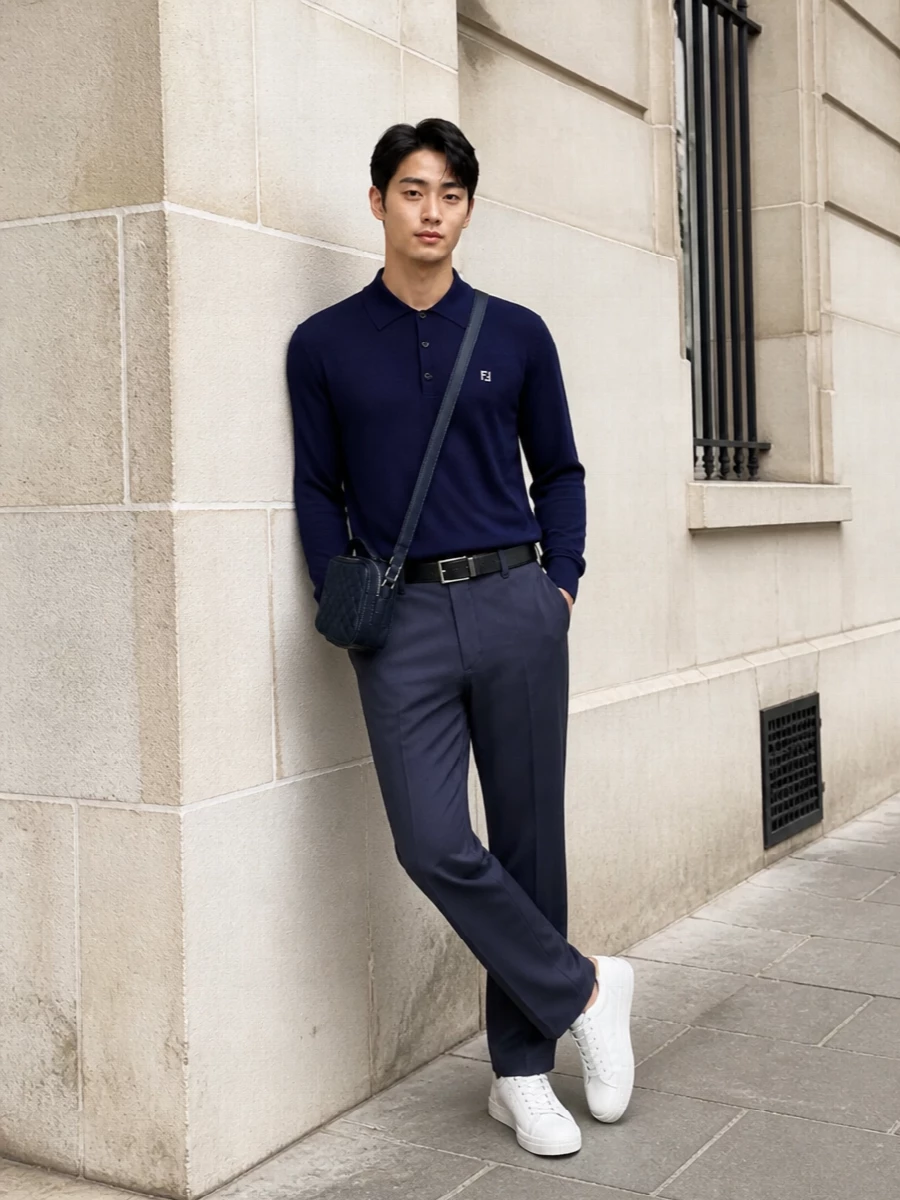 The navy knit polo sits over slate-navy tailored trousers for a tonal, elongated silhouette that feels polished yet unfussy. Clean white leather sneakers introduce a fresh SS contrast, while the navy intrecciato crossbody and discreet black belt finish the look with quiet, architectural luxury. It’s an easy desk-to-dinner uniform that reads considered without ever feeling over-styled.