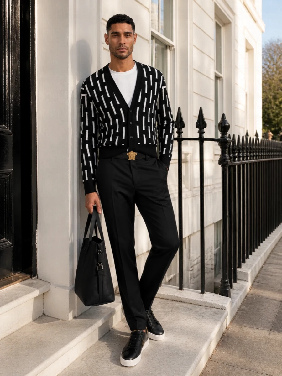 Versace black cardigan tailored trousers outfit