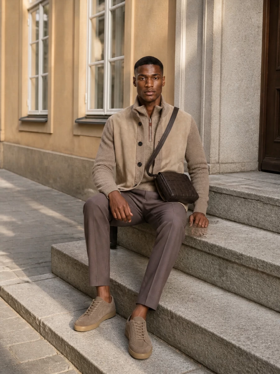 Zegna suede bomber taupe trousers outfit