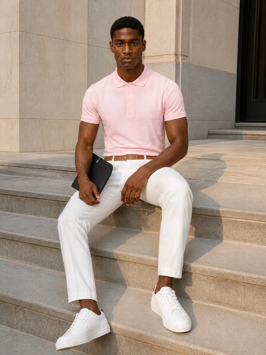 Thom browne blush polo off white trousers outfit