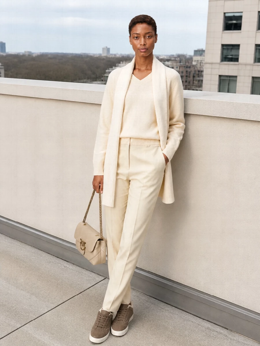 Pinko cream sweater tailored trousers outfit